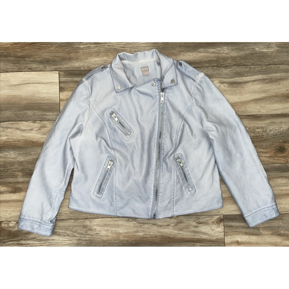 Chico's Moto Jacket Faux Leather Suede Trim Size 2 Blue Glamour Style